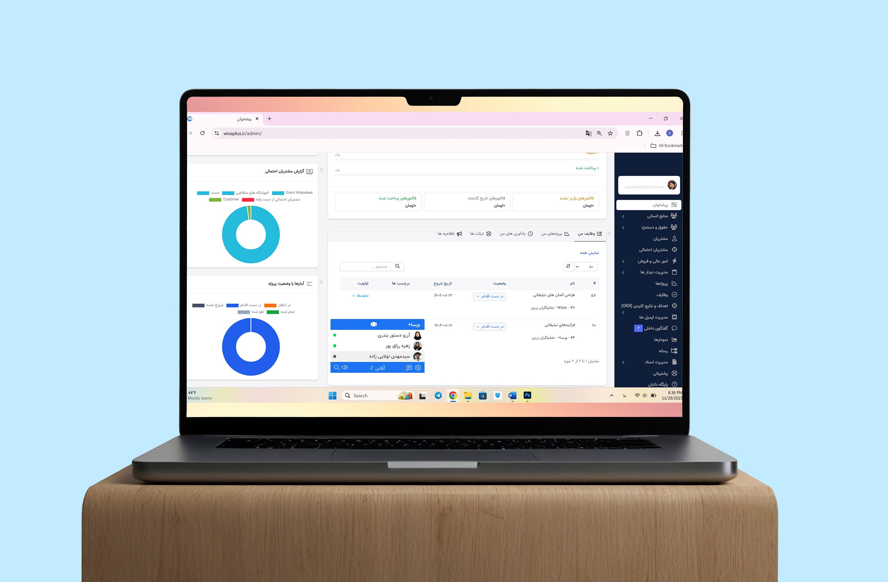 بخش پیشخوان، ایان سردرگمی میان گزارش‌های متعدد. در پیشخوان ویسا پلاس، تمام اجزای حیاتی بیزینس—از گزارش‌های مالی و وضعیت مشتریان احتمالی تا وظایف روزانه پرسنل—به صورت یکپارچه و گرافیکی نمایش داده می‌شوند تا هیچ نکته‌ای از دید مدیریت پنهان نماند.»
