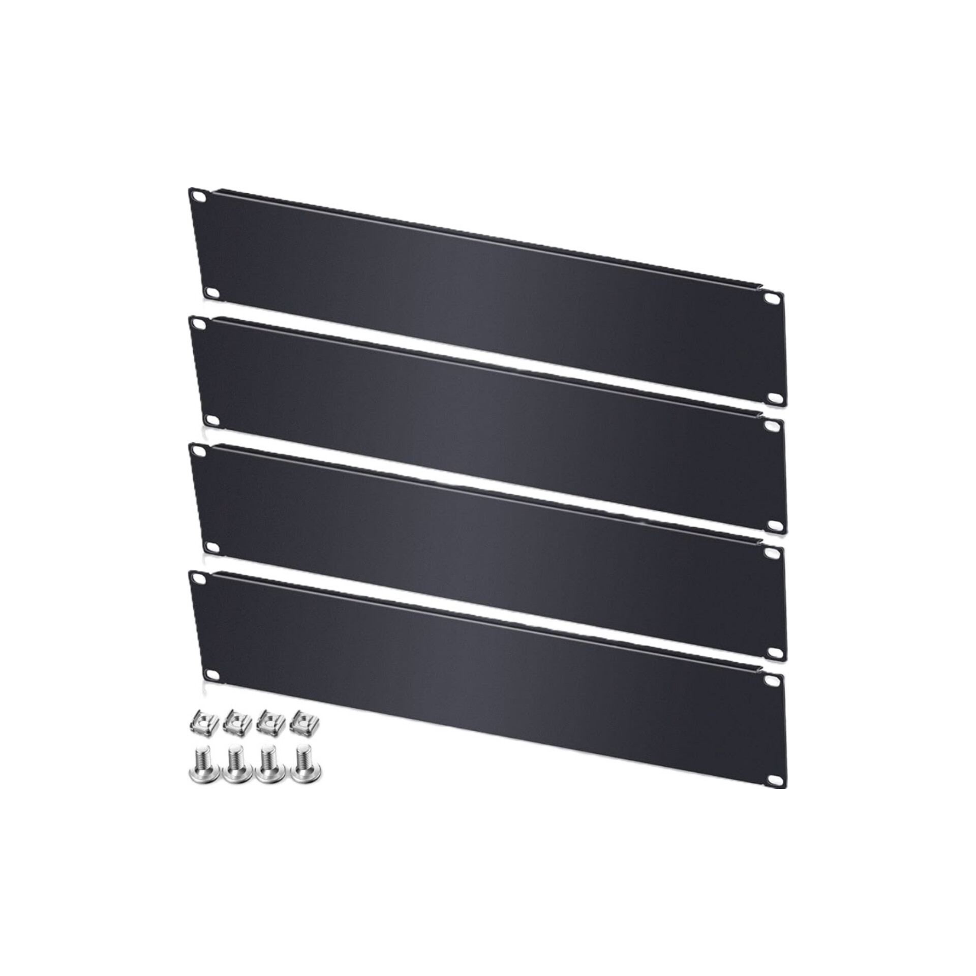 بلنک پنل – نظم، ایمنی و زیبایی در تجهیزات رک‌مونت  این تصویر چهار عدد بلنک پنل فلزی رک‌مونت  که برای پوشش فضاهای خالی در رک‌های شبکه یا صوتی استفاده می‌شوند. هر پنل دارای چهار سوراخ در گوشه‌ها برای نصب آسان است و همراه با پیچ و مهره‌های مخصوص ارائه می‌شود